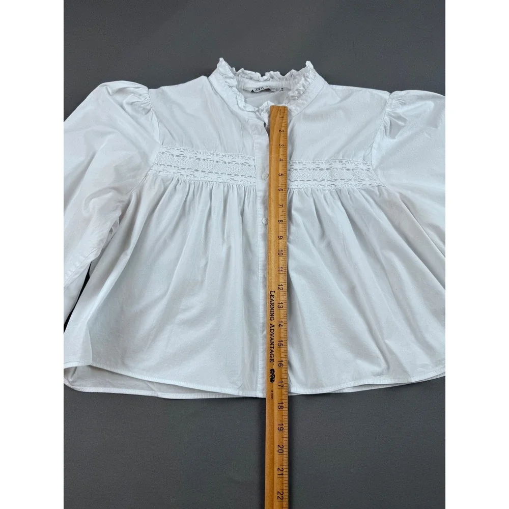Zara White Cotton‎ Eyelet Lace Ruffle Collar Puff Sleeve Blouse XL Victorian